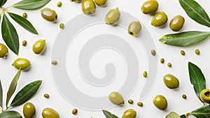 Scattered green olives on white background