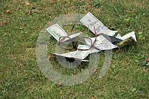 Scattered hundred dollar bills, tortoiseshell glasses and cell phone on grass