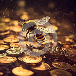 Scattered hundreds, gold coins and a flying giant Bee. A pile of coins