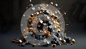 Scattered metal cube exploding energy