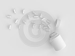 Scattered parmaceutical medicine pill tablets on the gray background of an empty white plastic can. Mock up template. Health care