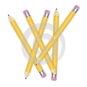 Scattered pencils on a white background. Wooden school pencils close up. Image of office supplies. Vector image