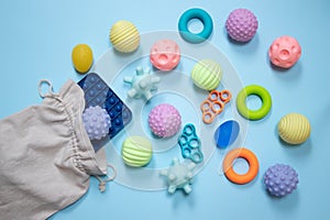 physiotheraphy accessories scattered blue background