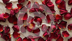 Scattered red rose petals on a textured surface