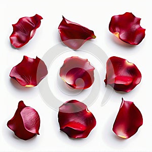 Scattered Red Rose Petals on White Background. Generative ai