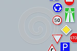 Scattered road signs. Traffic laws. Driving school concept. Rules and regulation. Highway signpost. Roadway infrastructure