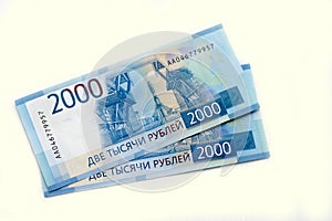 Scattered Russian 2000 rubles banknotes closeup