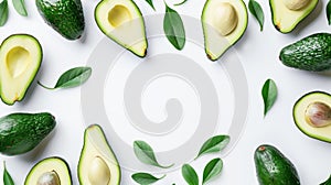 Scattered sliced avocado on white background