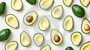 Scattered sliced avocado on white background