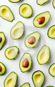 Scattered sliced avocado on white background