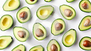 Scattered sliced avocado on white background