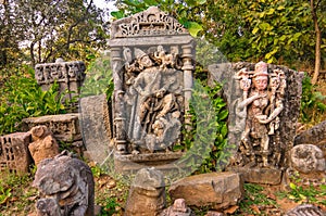 Scattered stone carved sculpture of Hindu God and Goddess in Polo Forest