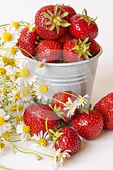 Scattered strawberry berry and in a small bucket on a light background with a bouquet of chamomile flowers . Summer berry season