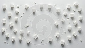 Scattered Sugar Cubes on White Background