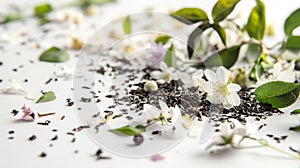 Scattered tea leaves and delicate white flowers against a stark white background, symbolizing purity and freshness