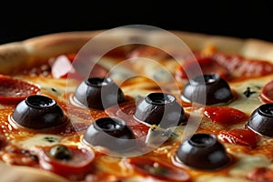 Tasty pepperoni pizza with mushrooms and olives. photo