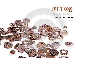 Scattered vintage copper clock gears and heart shaped buttons on white background with text space