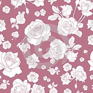 Scattered white roses seamless vector pattern on on antique rose background