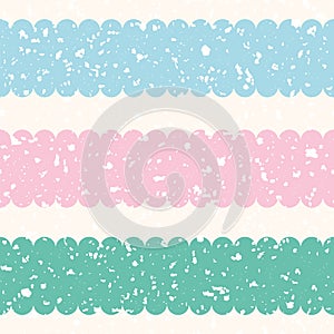Scattered white terrazzo shapes with pastel pink, blue, teal stripes. Seamless vector pattern on cream color background