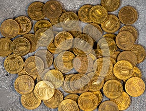 A scattering of coins. A pattern from money. Coin background