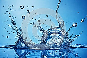Scattering drops of blue water. A beautiful splash of drops on the surface of the water. Background