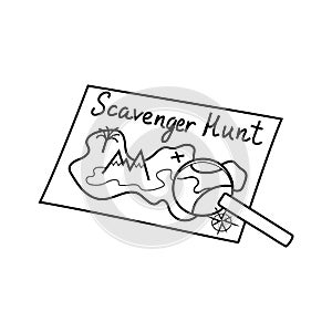 Scavenger hunt icon, Geocaching silhouette hand drawn illustration. Ink pen sketch style