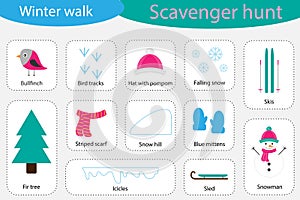 Scavenger hunt, winter walk, different colorful pictures for children, fun education search game for kids, development