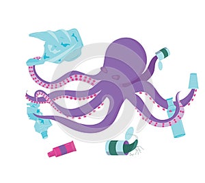 Scavenger octopus. The concept of pollution of the ocean and the environment with waste and plastic.