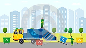 Scavengers bunkering trash in dustbin on truck in urban service character sorting vector scavenging cartoon illustration photo
