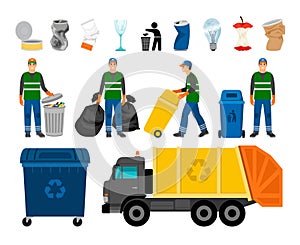 Scavengery, trash and garbage colored icons. Trash truck and garbage can, scavenger and household waste