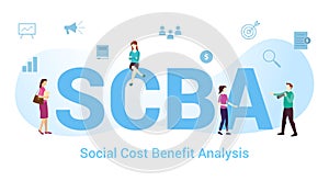 Scba social cost benefit analysis concept with big word or text and team people with modern flat style - vector