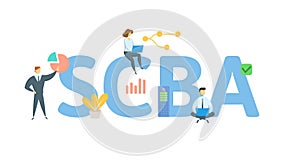 SCBA, Social Cost Benefit Analysis. Concept with keyword, people and icons. Flat vector illustration. Isolated on white.