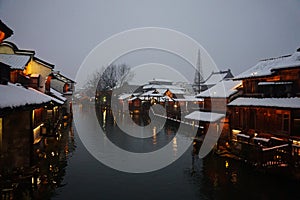 A sccenery of Wu zhen ancient town in winter in night,China