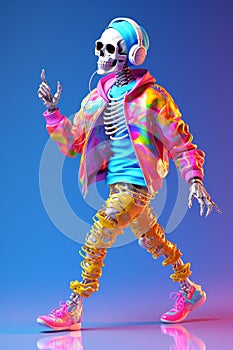 Sceleton in neon colors with headphones. Generative ai