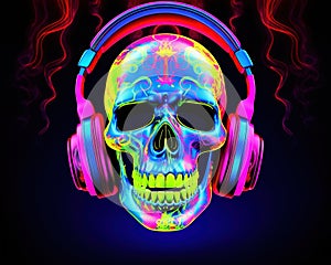 Sceleton in neon colors with headphones listening to music.