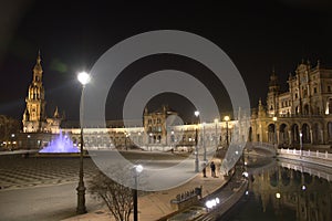 A night scene on the beautiful Plaza de Espana in Seville, Andalusia, Spain