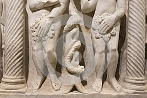 Scene of Adam, Eve and the serpent on tree life