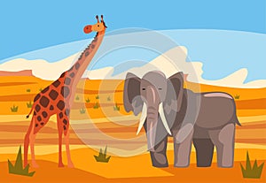 Scene of african landscape with elephant and giraffe cute animals vector illustration