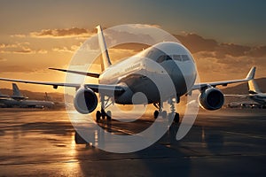 A scene of an airplane landing at sunset