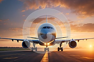 A scene of an airplane landing at sunset