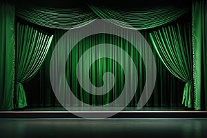 scene background, green curtain on stage of theater or cinema slightly ajar