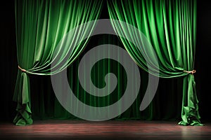 scene background, green curtain on stage of theater or cinema slightly ajar with wooden floor
