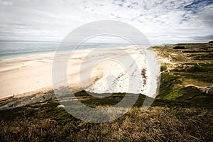 Scene of beach side with cloudy sky, desaturated colors