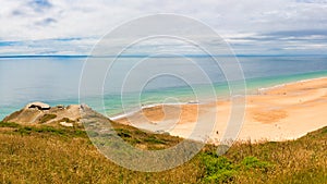 Scene of beach side with cloudy sky, saturated colors