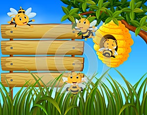 Scene with bees flying around beehive illustration with blank wood