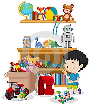 Scene with boy playing toys in the room illustration