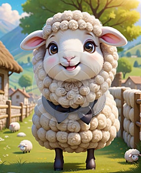 A super adorable anthropomorphic little lamb, wearing a smile, looking at you.