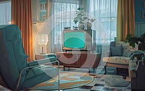 This scene captures a stylish retro TV set within a chic living space bathed in soft light, embodying a serene mid