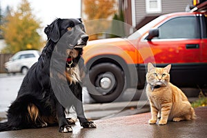 scene of cat and dog responding to emergency call, with sirens flashing