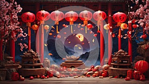 Scene of celebration Chinese traditional festivals Chinese New Year and Mid Autumn Festival with ancient traditional temple